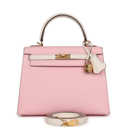 Hermes Special Order (HSS) Kelly Sellier 25 Rose Sakura and Nata Chevre Gold Hardware
