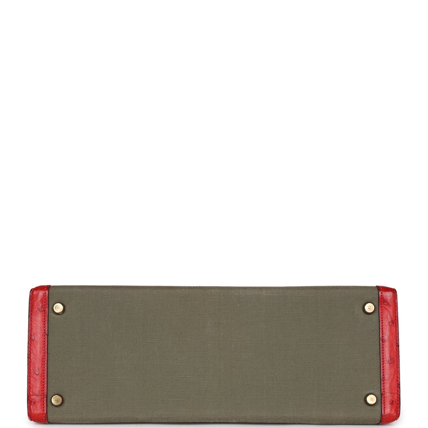 Hermes Kelly Sellier 32 Rouge Vif Ostrich and Vert Olive Officier Canvas Gold Hardware