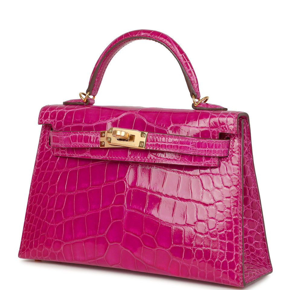 Hermes Kelly Sellier 20 Rose Scheherazade Shiny Alligator Gold Hardware