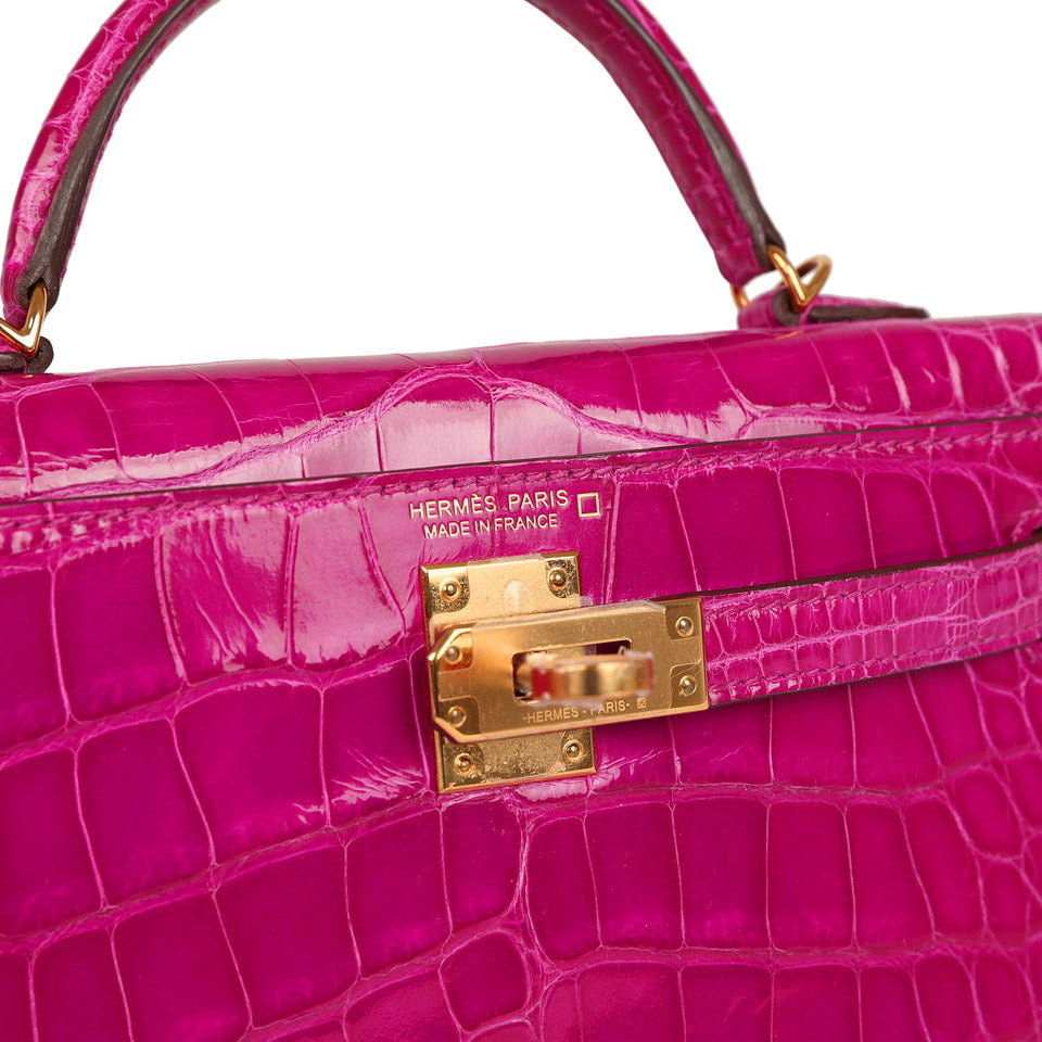 Hermes Kelly Sellier 20 Rose Scheherazade Shiny Alligator Gold Hardware