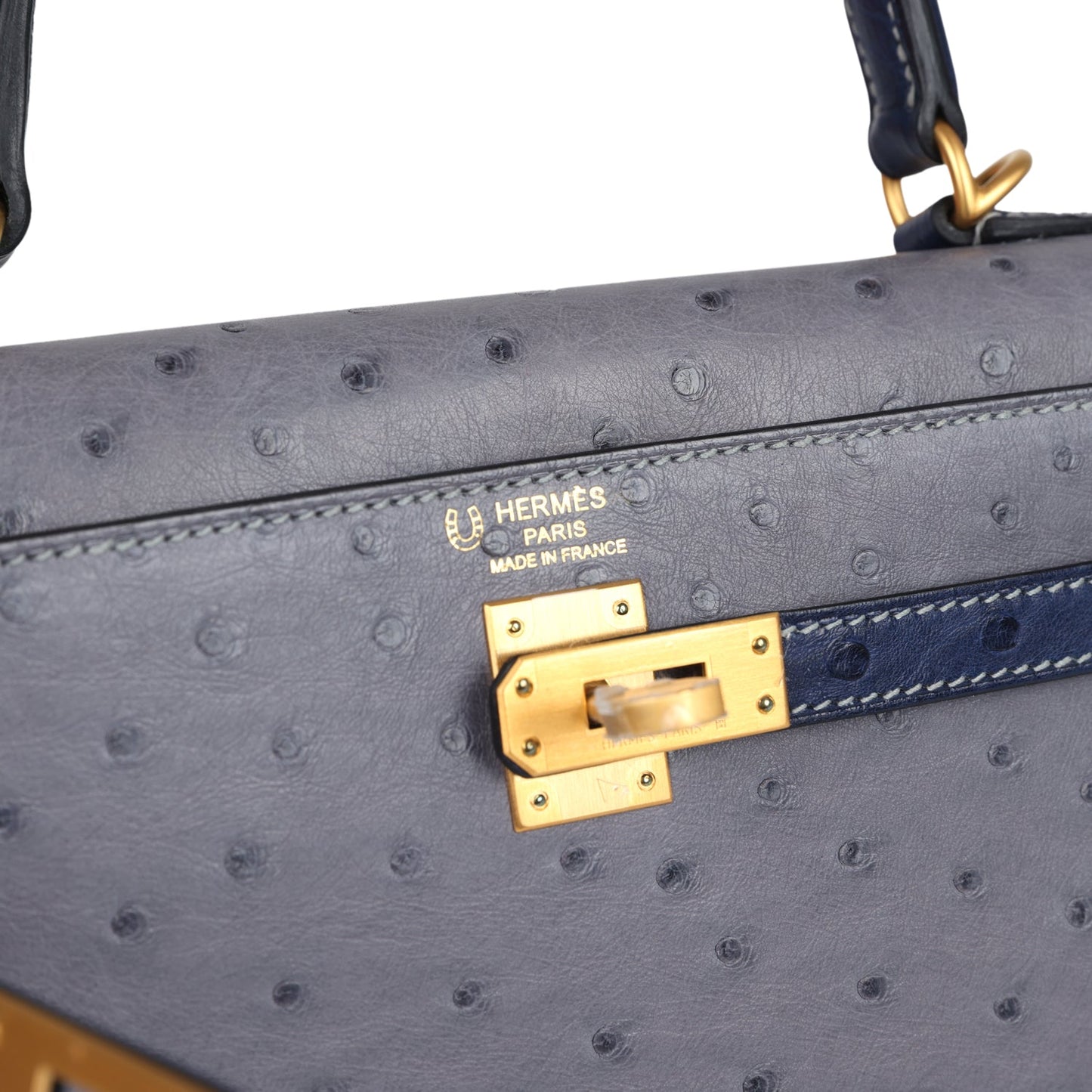 Hermes Special Order (HSS) Kelly Sellier 25 Gris Agate and Bleu Iris Ostrich Brushed Gold Hardware