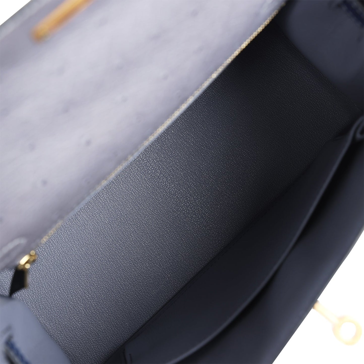 Hermes Special Order (HSS) Kelly Sellier 25 Gris Agate and Bleu Iris Ostrich Brushed Gold Hardware