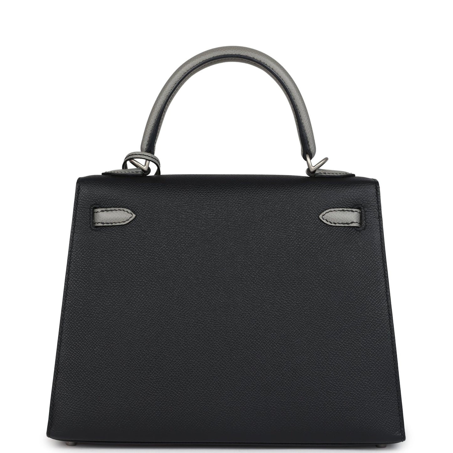 Hermes Special Order (HSS) Kelly Sellier 25 Black and Gris Mouette Epsom Brushed Gold Hardware