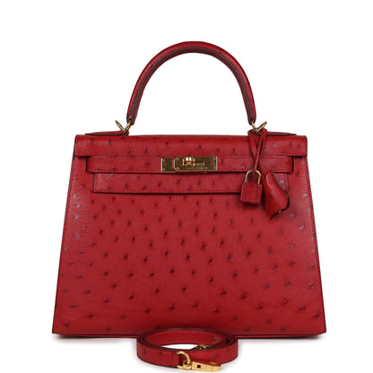 Hermes Kelly Sellier 28 Rouge Vif Ostrich Gold Hardware