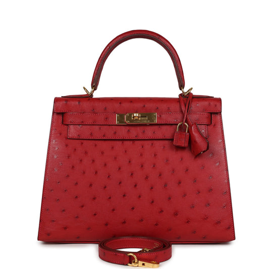 Hermes Kelly Sellier 28 Rouge Vif Ostrich Gold Hardware