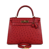 Hermes Kelly Sellier 28 Rouge Vif Ostrich Gold Hardware