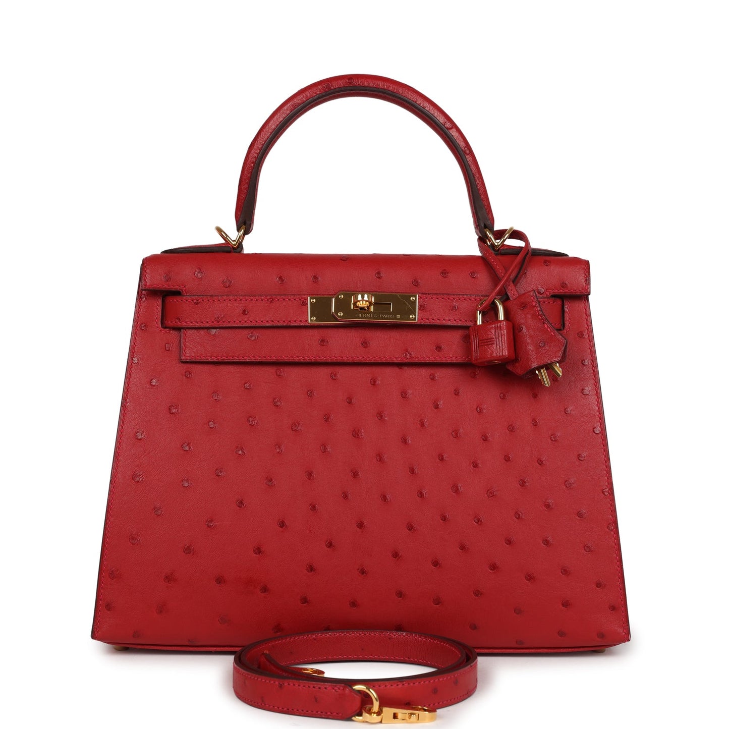 Hermes Kelly Sellier 28 Rouge Vif Ostrich Gold Hardware
