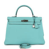 Hermes Kelly Retourne 35 Bleu Atoll Clemence Palladium Hardware
