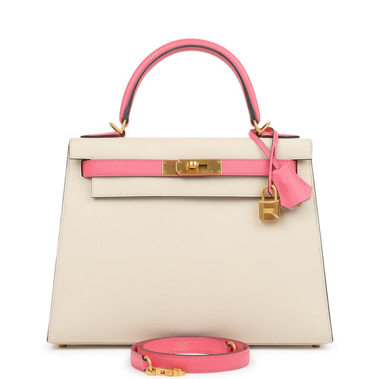 Hermes Special Order (HSS) Kelly Sellier 28 Craie and Rose Azalee Epsom Brushed Gold Hardware