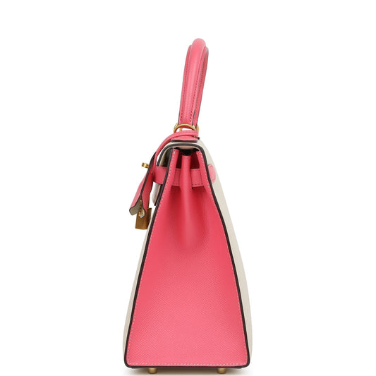 Hermes Special Order (HSS) Kelly Sellier 28 Craie and Rose Azalee Epsom Brushed Gold Hardware