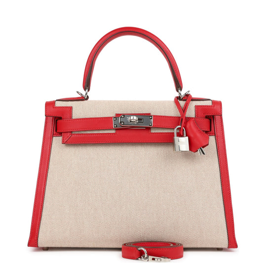 Hermes Kelly Sellier 28 Rouge De Coeur Swift and Beige-Ecru Toile H Canvas Palladium Hardware