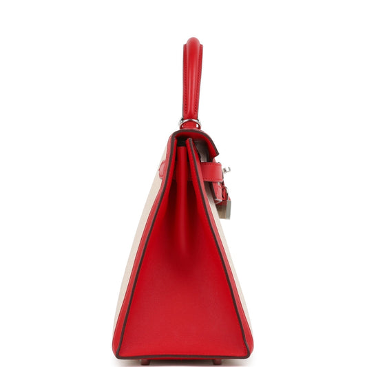 Hermes Kelly Sellier 28 Rouge De Coeur Swift and Beige-Ecru Toile H Canvas Palladium Hardware