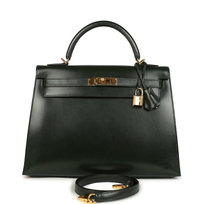 Hermes Kelly Sellier 32 Vert Fonce Box Gold Hardware