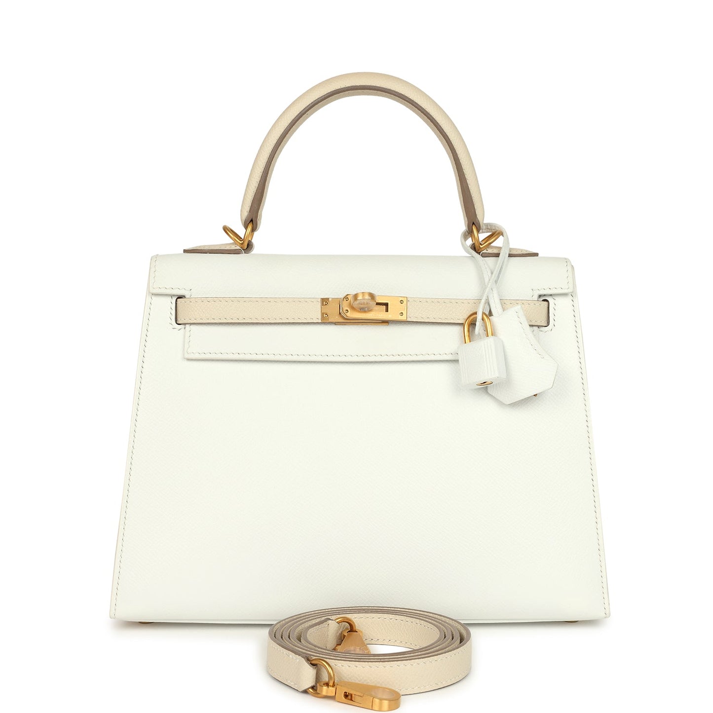 Hermes Special Order (HSS) Kelly Sellier 25 White and Trench Epsom Brushed Gold Hardware
