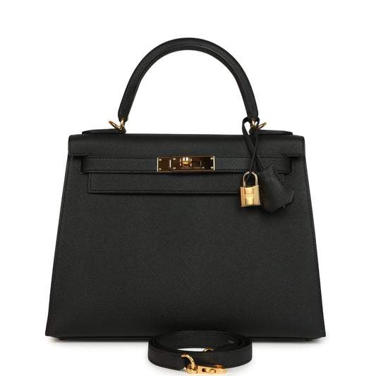 Hermes Kelly Sellier 28 Black Epsom Gold Hardware