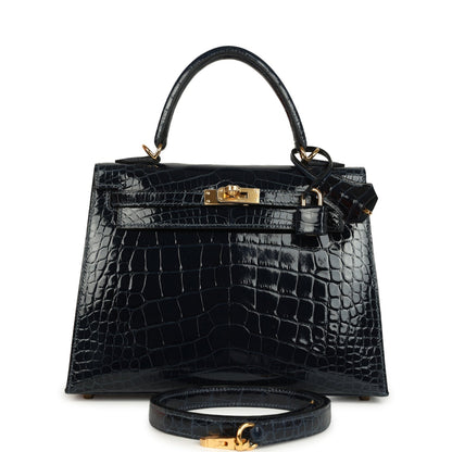 Hermes Kelly Sellier 25 Bleu Baltique Shiny Alligator Gold Hardware