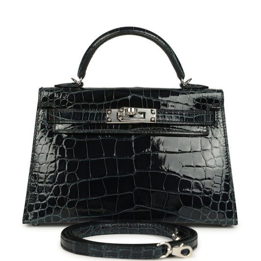 Hermes Special Order (HSS) Kelly Sellier 20 Vert Rousseau Verso Shiny Alligator Mississippiensis Palladium Hardware