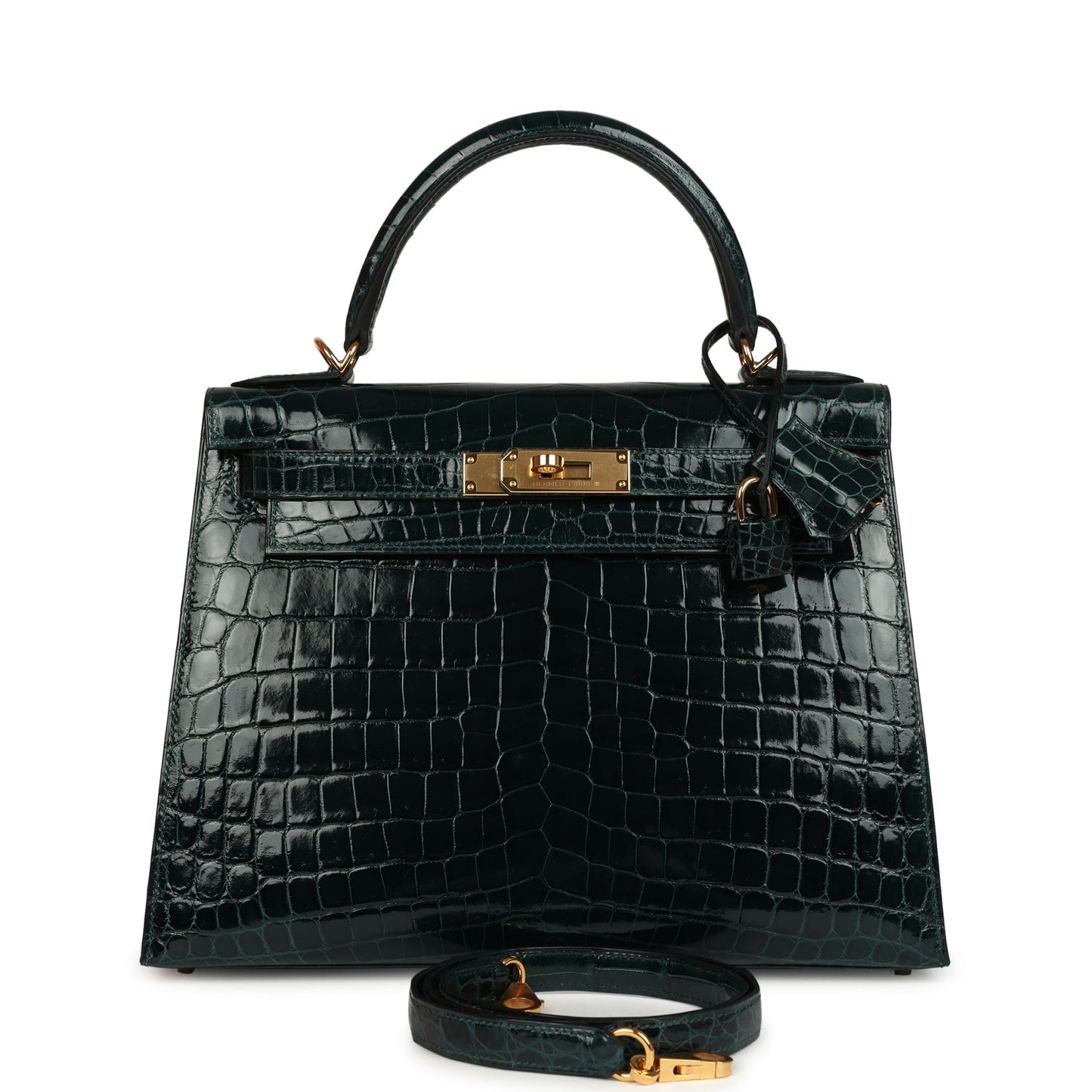 Hermes Kelly Sellier 28 Vert Cypres Shiny Niloticus Crocodile Gold Hardware