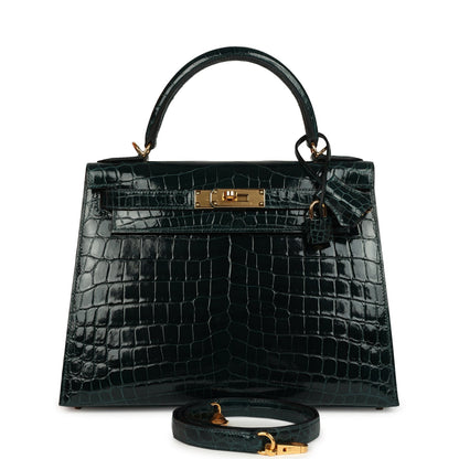 Hermes Kelly Sellier 28 Vert Cypres Shiny Niloticus Crocodile Gold Hardware