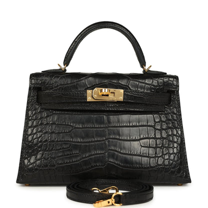 Hermes Kelly Sellier 20 Black Matte Alligator Gold Hardware