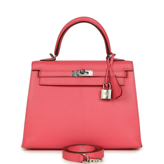 Hermes Kelly Sellier 25 Rose Lipstick Chevre Mysore Palladium Hardware