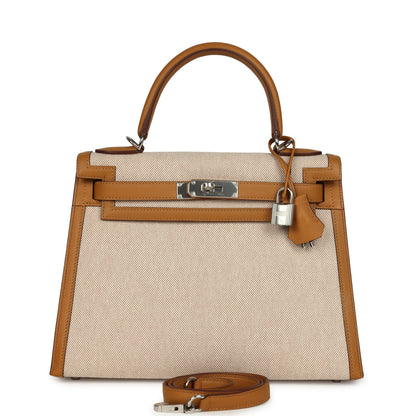 Hermes Kelly Sellier 28 Beige & Ecru Toile H Canvas and Sesame Swift Palladium Hardware
