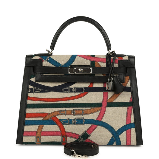 Hermes Kelly Sellier 32 Ficelle-Multicolor Toile De Camp Cavalcadour and Black Swift Palladium Hardware
