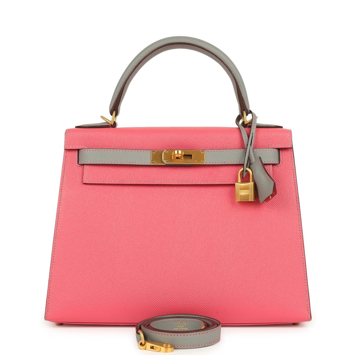 Hermes Special Order (HSS) Kelly Sellier 28 Rose Azalee and Gris Mouette Epsom Brushed Gold Hardware