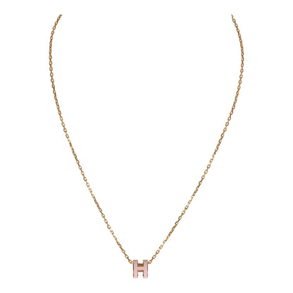 Hermes Mini Pop H Pendant Necklace Rose Dragee Enamel Lacquered Gold Hardware