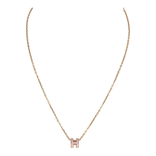 Hermes Mini Pop H Pendant Necklace Rose Dragee Enamel Lacquered Gold Hardware
