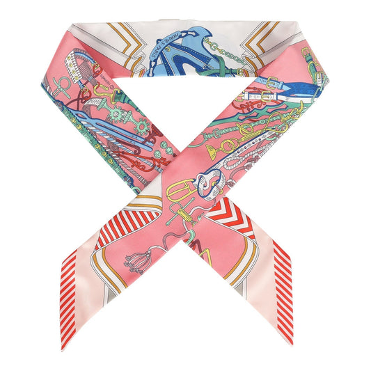 Hermes "Bouquets Sellier" Rose, Bleu and Rouge Multi Silk Twilly