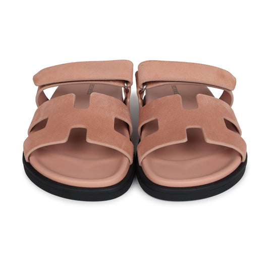 Hermes Chypre Techno Sandal Nude Suede Palladium Hardware 38 EU