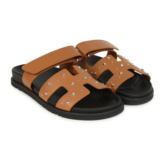 Hermes Chypre Techno Sandals Naturel Studded Calfskin Palladium Hardware 38 EU