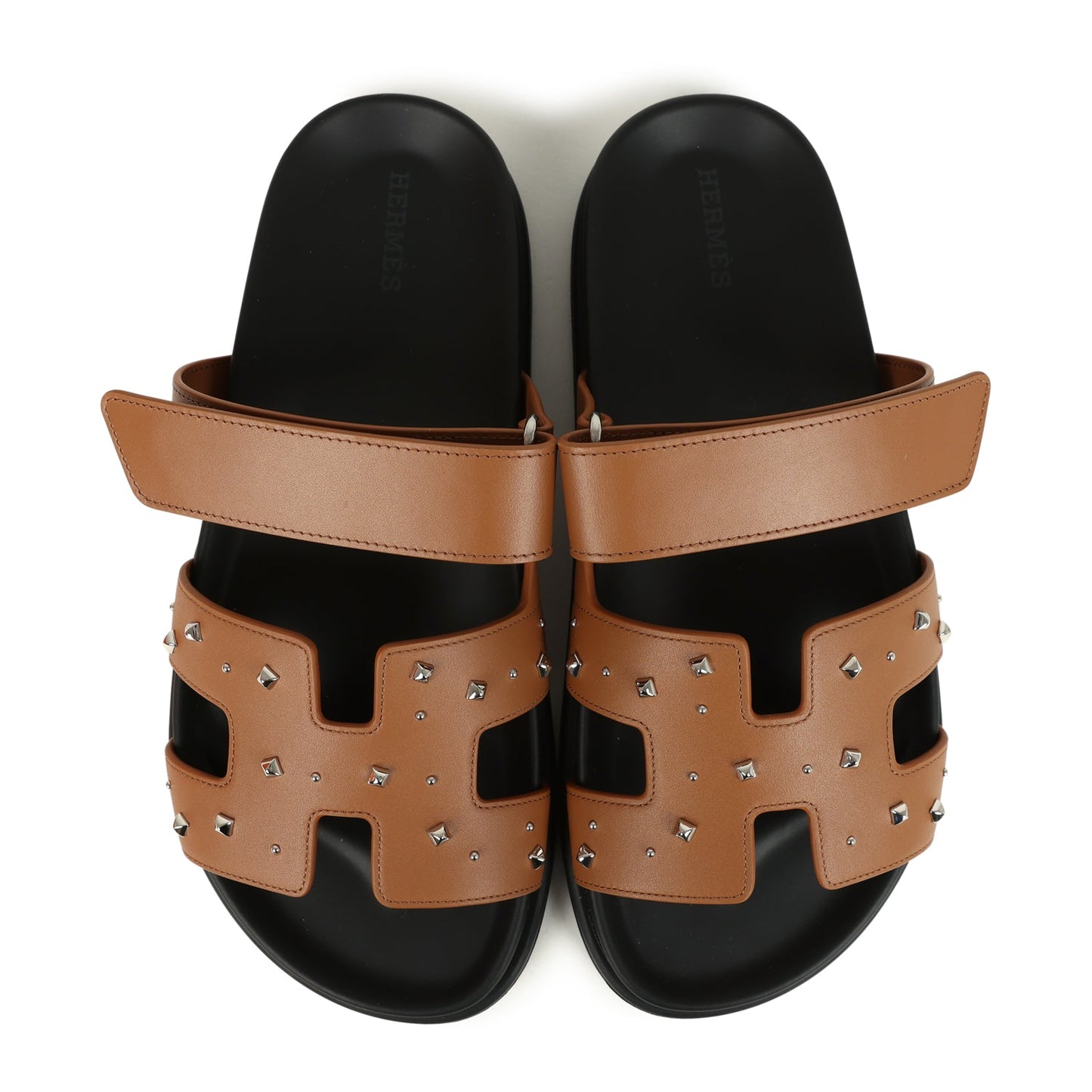 Hermes Chypre Techno Sandals Naturel Studded Calfskin Palladium Hardware 38 EU