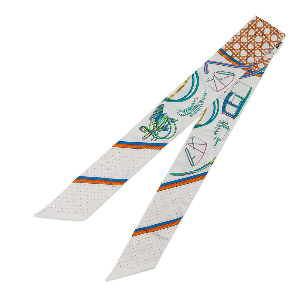 HERMES Scarf Twilly Folding Canopy Carriage LES VOITURES A TRANSFORMATION White/Orange/Vert Silk 100%