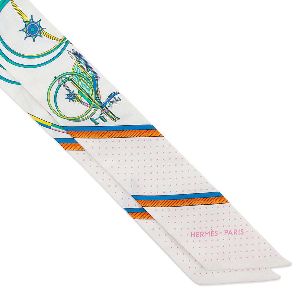 HERMES Scarf Twilly Folding Canopy Carriage LES VOITURES A TRANSFORMATION White/Orange/Vert Silk 100%