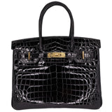 Hermès 30cm Birkin Black Shiny Niloticus Crocodile Gold Hardware