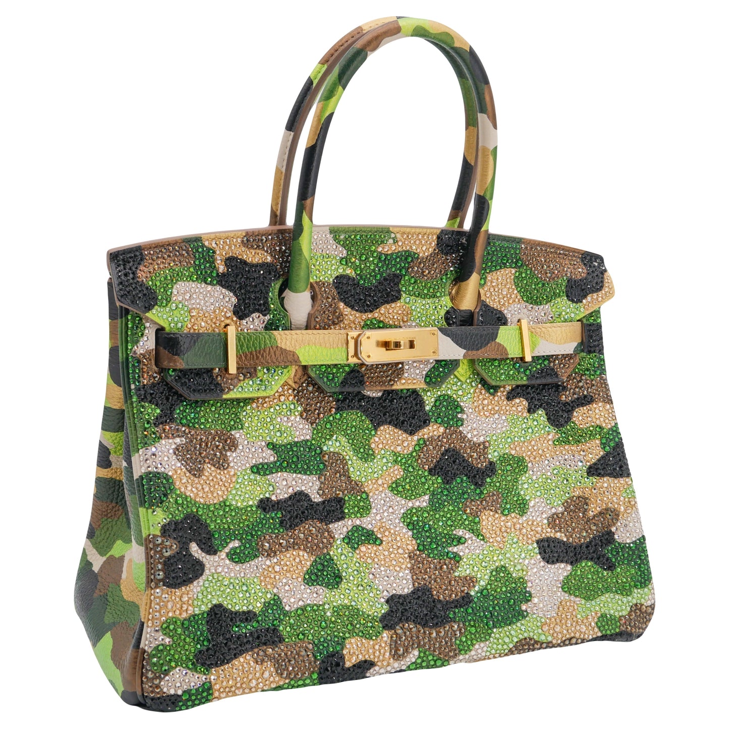 Hermès 30cm Birkin Customized Green Camouflage Swarovski Crystal Gold Hardware