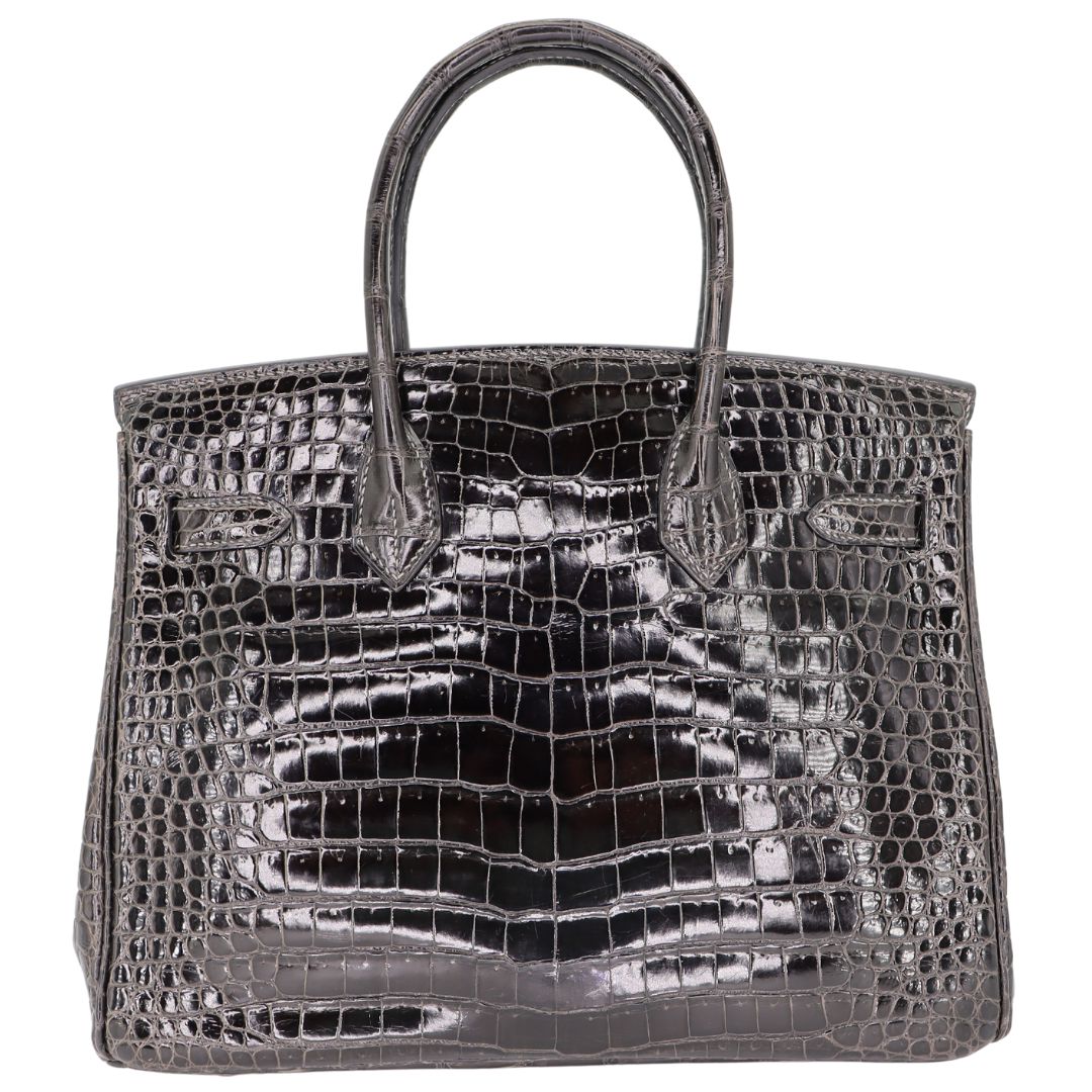 Hermès 30cm Birkin Graphite Shiny Porosus Crocodile White Gold Diamond Hardware