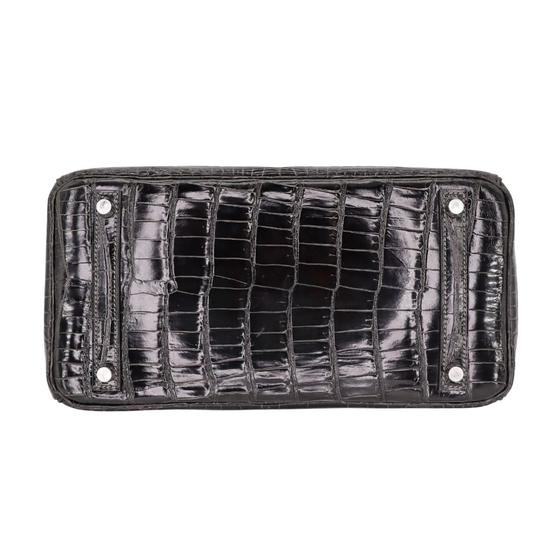 Hermès 30cm Birkin Graphite Shiny Porosus Crocodile White Gold Diamond Hardware