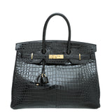 Hermes Noir Crocodile Porosus Birkin 35 Bag