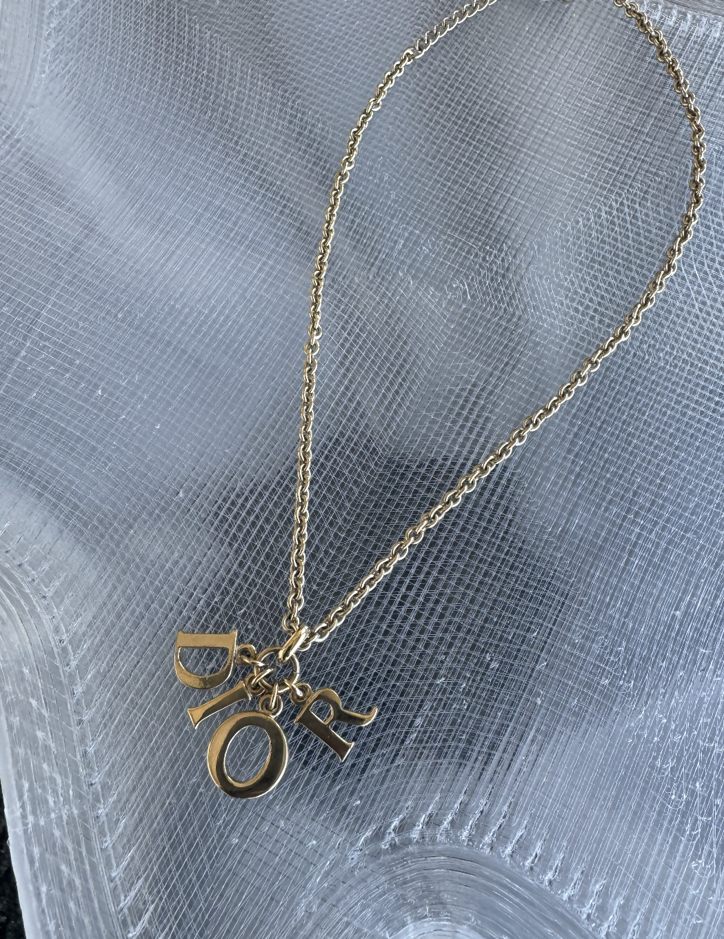 Dior   Gold Tone Beige Enamel Logo Charm Necklace