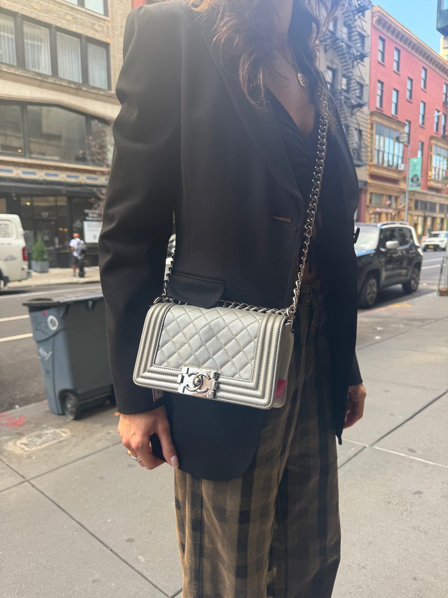 Chanel CC Silver Lambskin Quilted Boy Bag Red Stingray 2012