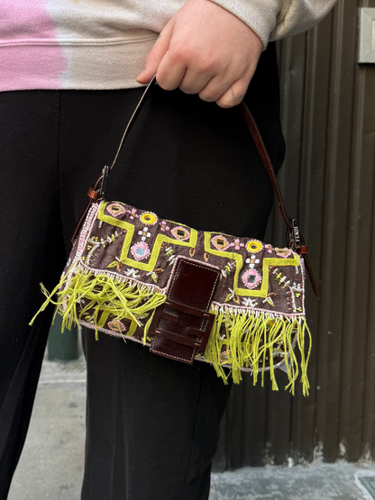 Fendi Canvas Baguette Dark Brown Beaded