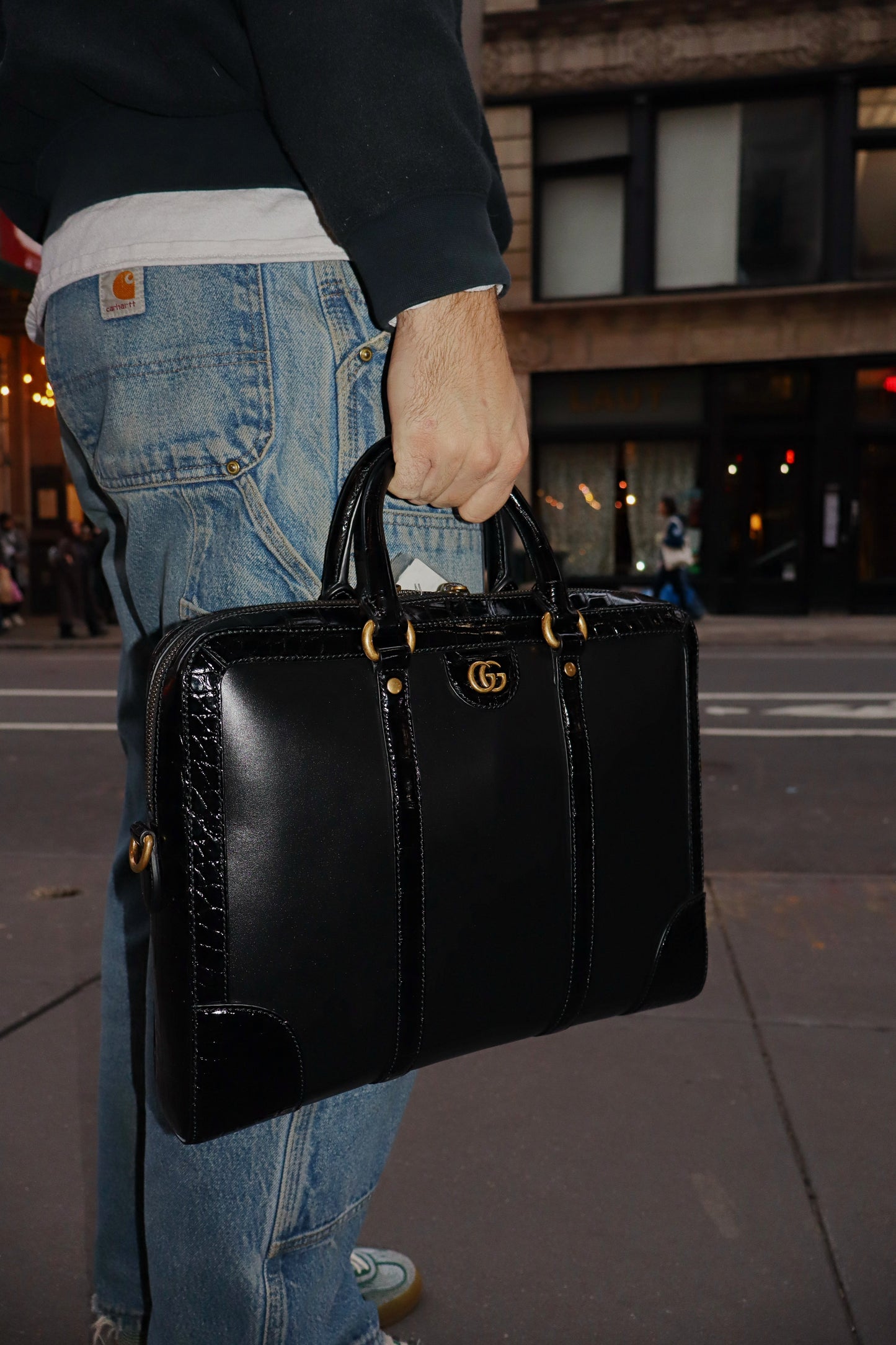 Gucci Croc-Trim Leather Briefcase