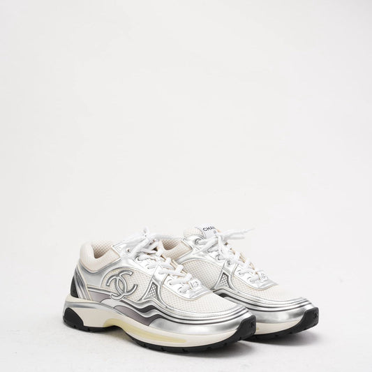 Chanel CC Logo Sneaker in White and Silver 40.5