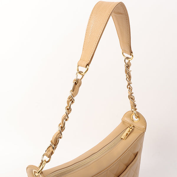 Chanel Around 2003 Made Caviar Skin Cc Mark Stitch Shoulder Bag Beige