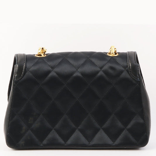 Chanel Around 1990 Made Leather Silk Satin Combination Design Flap Mini Bijou Chain Bag Black