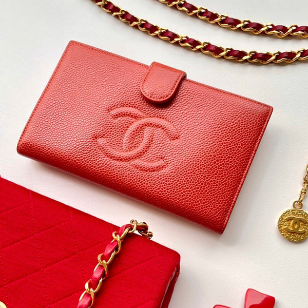 Chanel 2000 Made Caviar Skin Coco Mark Stitch Wallet Vermilion