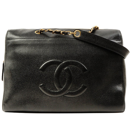 Chanel Around 1998 Made Caviar Skin Coco Mark Stitch Chain Tote Bag Black